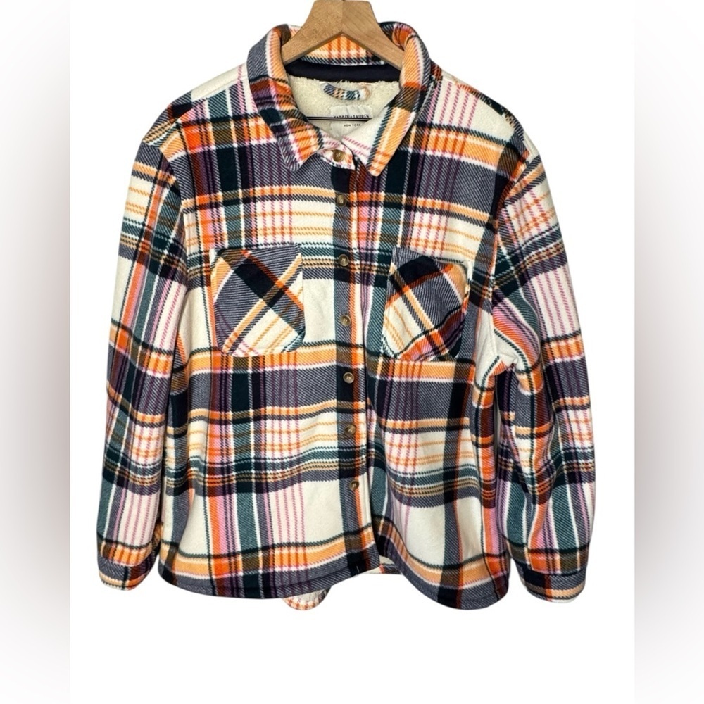 Sabrina Lauren Plaid Button Up Cream Multicolor Lightweight Sherpa Shacket Sz XL